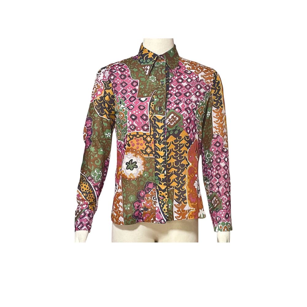1960s Ann Fogarty Paisley Floral Cotton Blouse, Vintage Mod Shirt Size 10